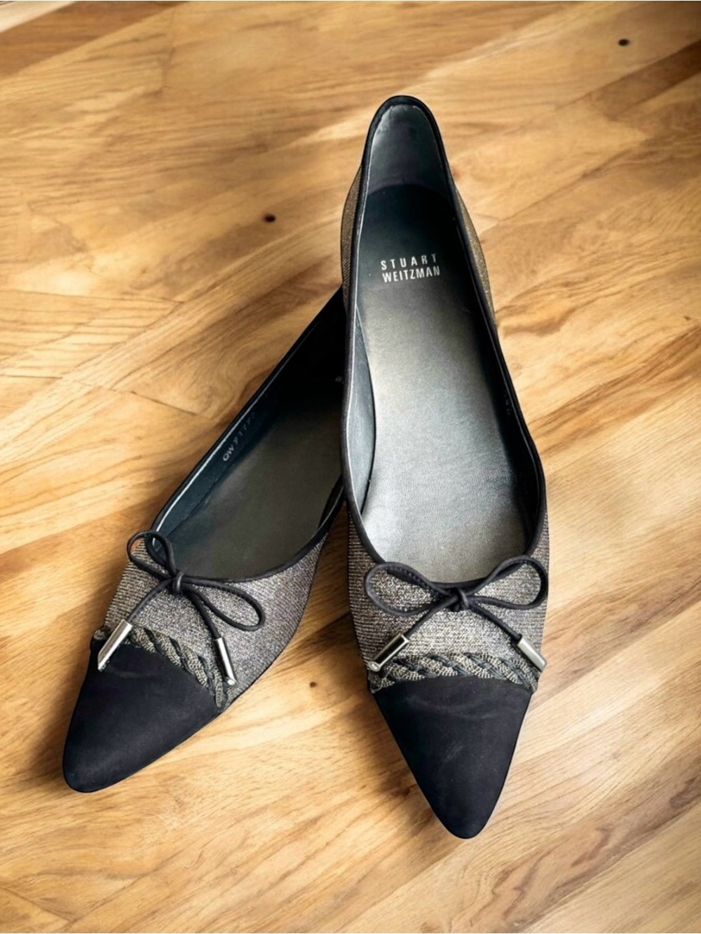Stuart Weitzman Pointed Toe Flats Silver Gold